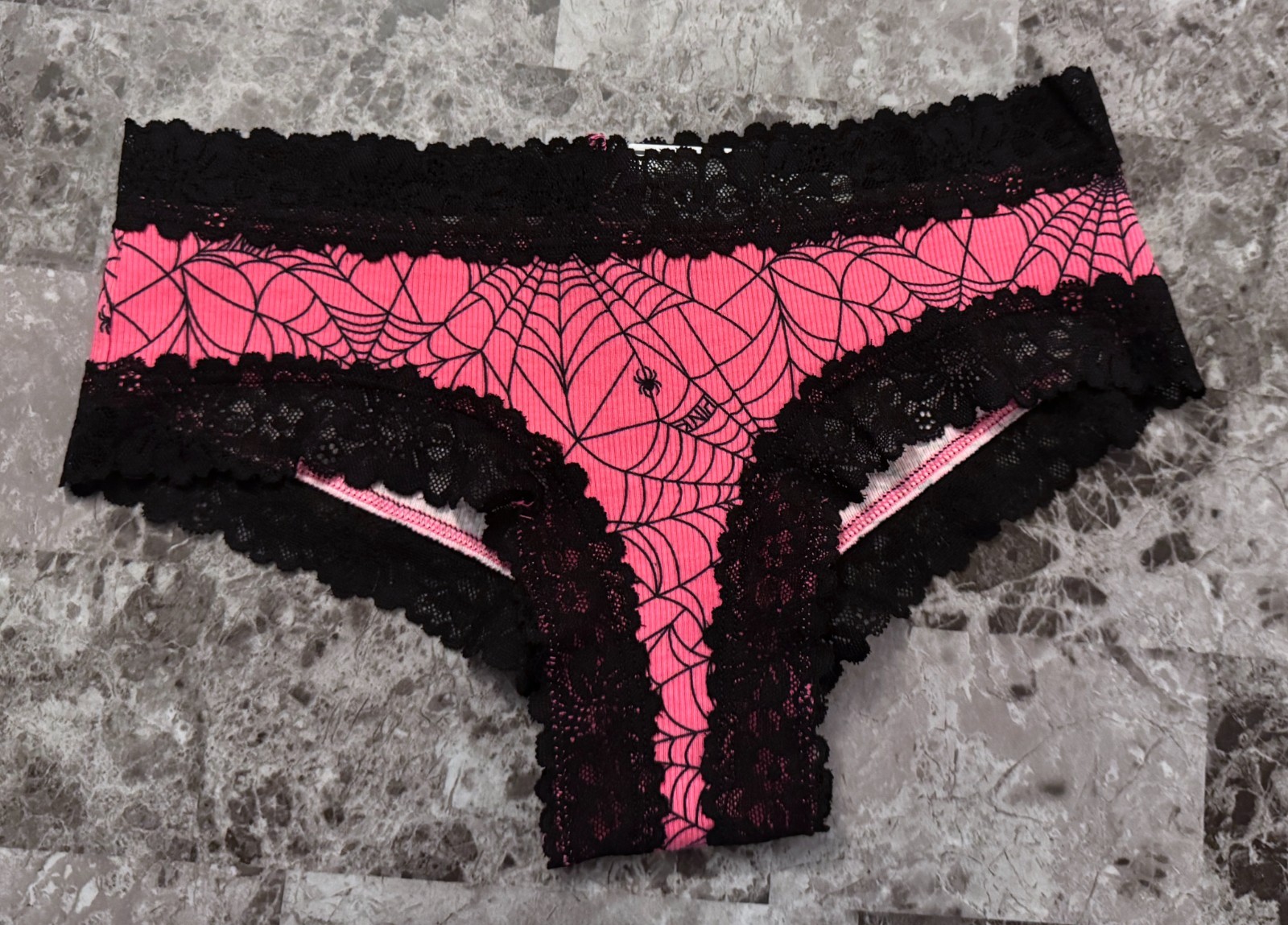 NWT VICTORIA’S SECRET PINK SPIDERWEB HALLOWEEN RIBBED LACE CHEEKSTER PANTIES