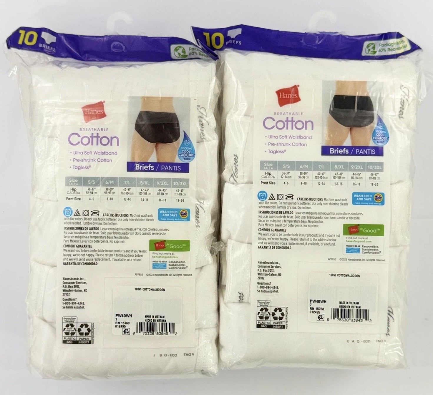Lot of 2 Hanes Women’s Cotton Tagless Briefs Size 7 Large 10-Pack White NIP