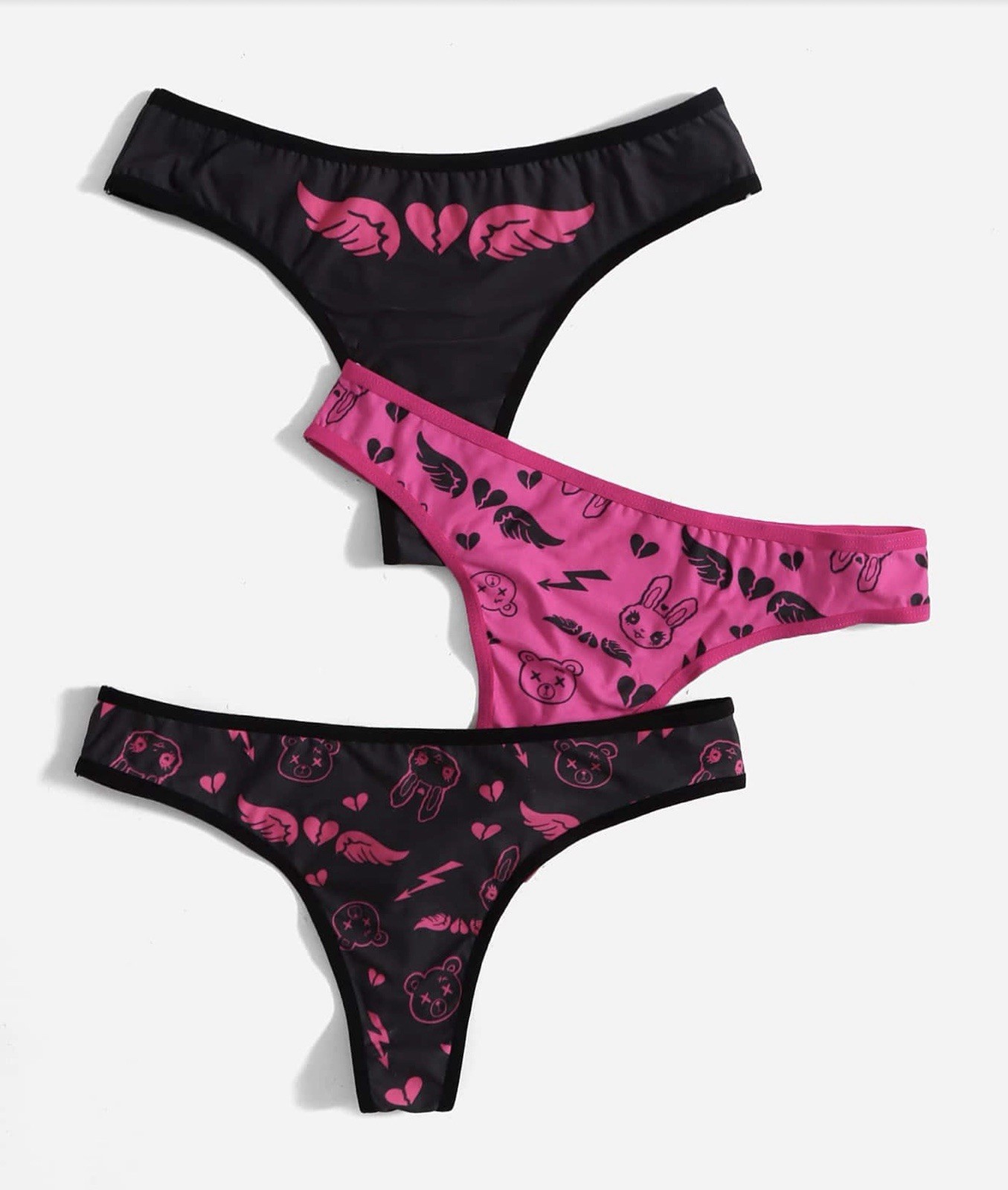 Women’s Anime Bear & Rabbit Heart Wing Pink Black Thong Panties 3PK. (6) Medium