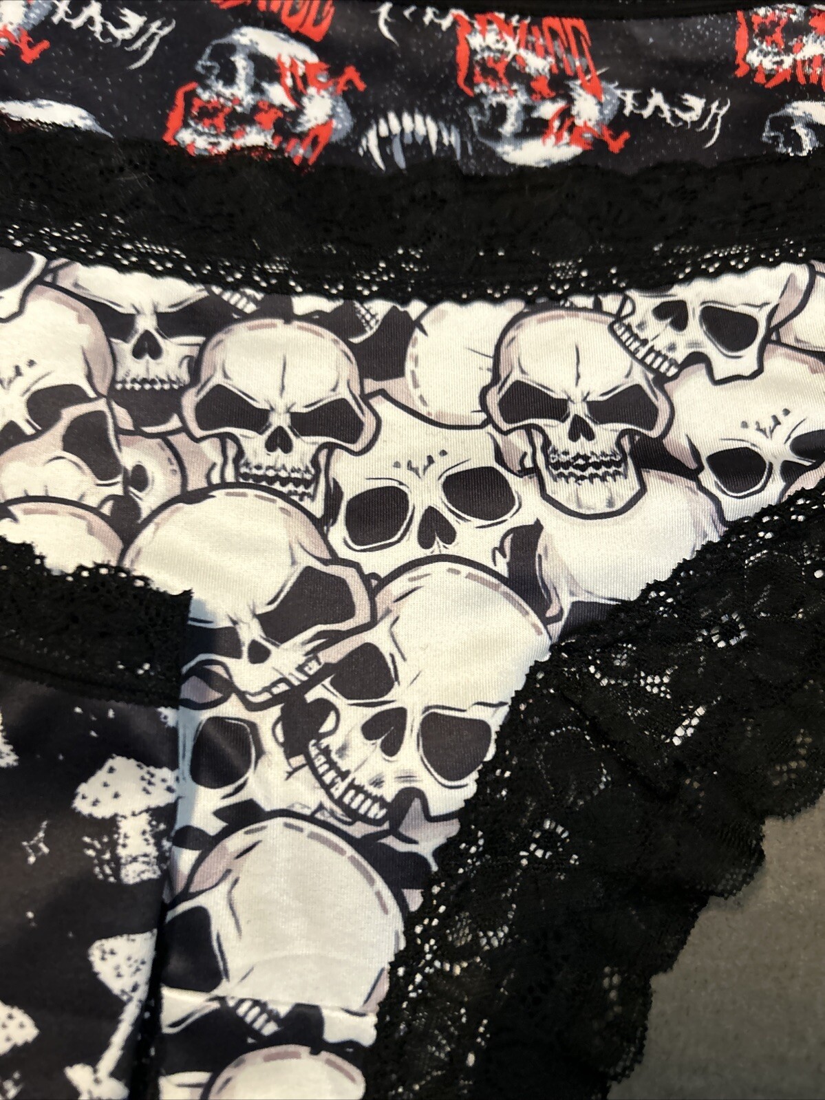 Morvia 3pk lace trim Skater goth Emo panties 4XL Plus Size Skulls & Mushrooms