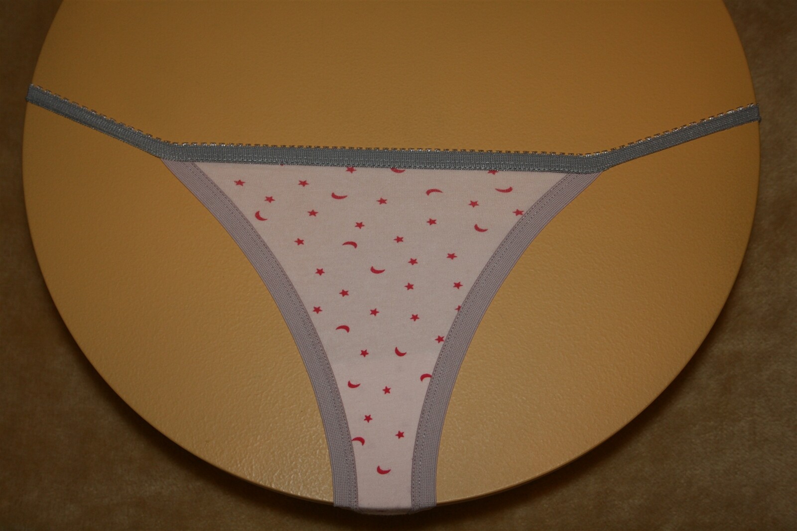 Peach G-String w Light Beige Bands, Gray Band, Red Moons & Stars – Size S