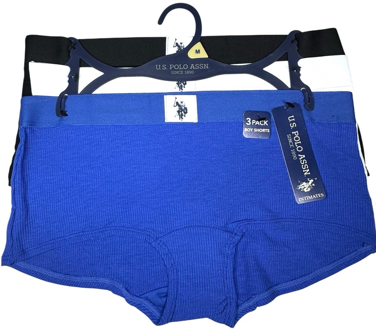 US POLO ASSN Women’s 3-Pack Seamless Logo BoyShort Blue White Black Ribbed Sz M