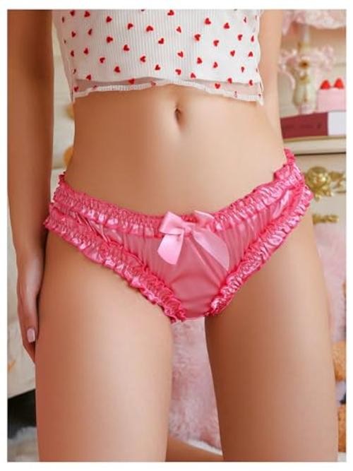 Women’s Satin Panties Cute Bow Frill Trim Briefs Comfortable Mid Medium Pink