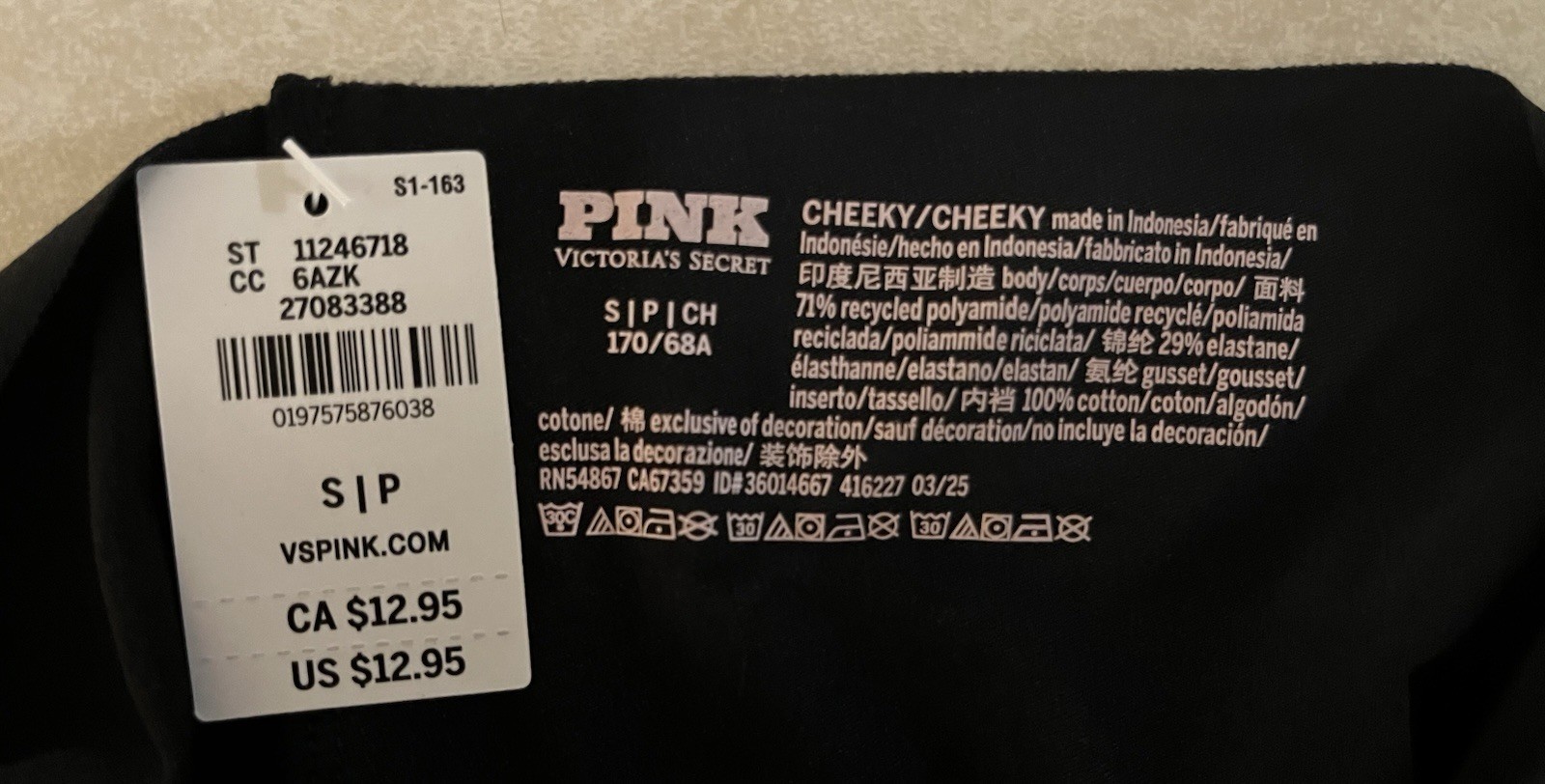 PINK No Show Cheeky Panty Black Glow In The Dark Ghost Graphic Size S