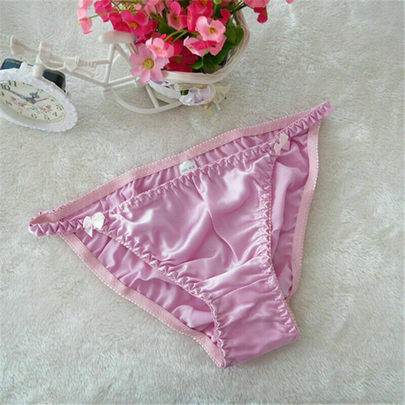 Womens 100% Silk Bow Deco Cute Bikinis T-pants Thongs G-string Underwear M L XL