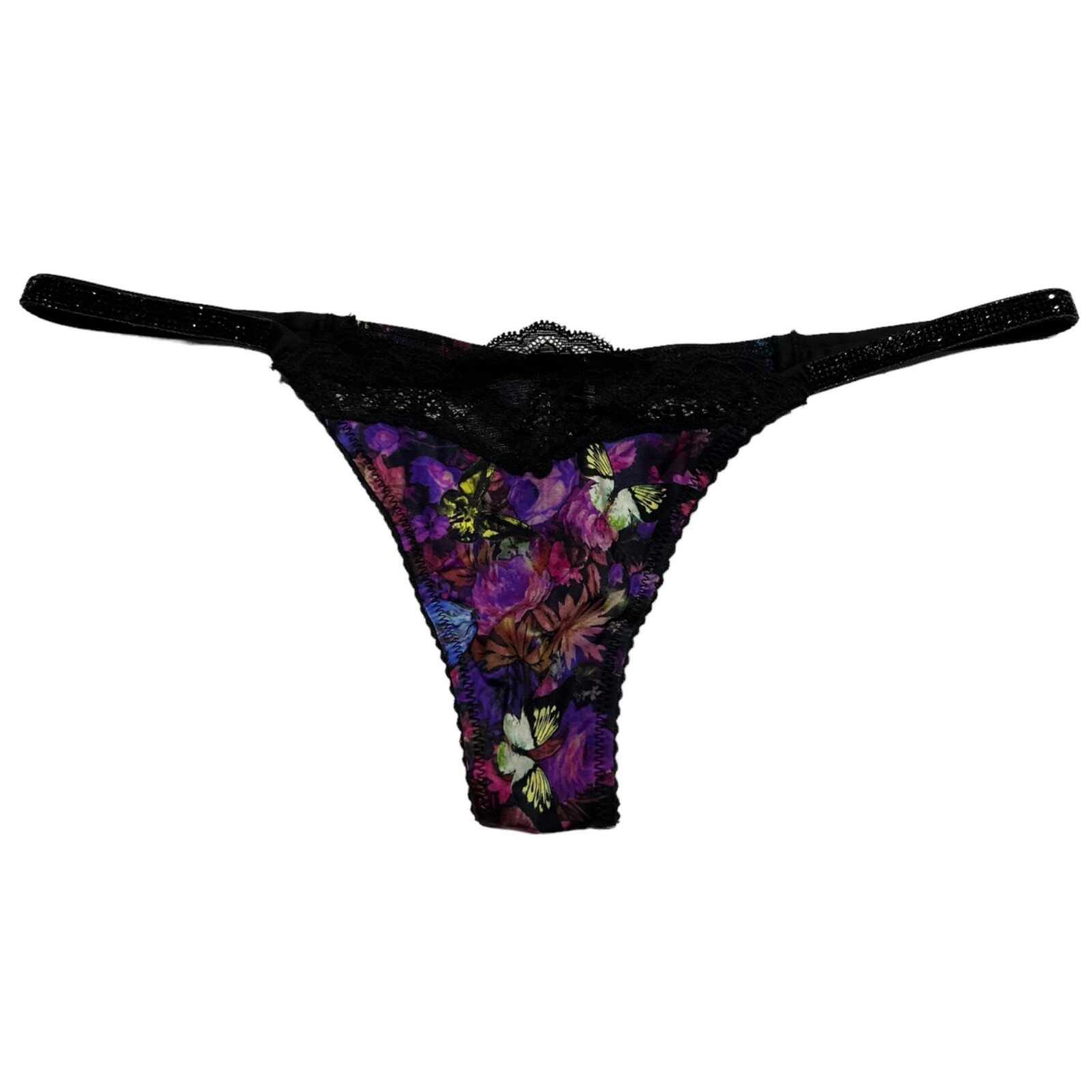 NWT VICTORIA’S SECRET Thong Pantie Sz XS-S-M Purple Floral Silky Black Lace