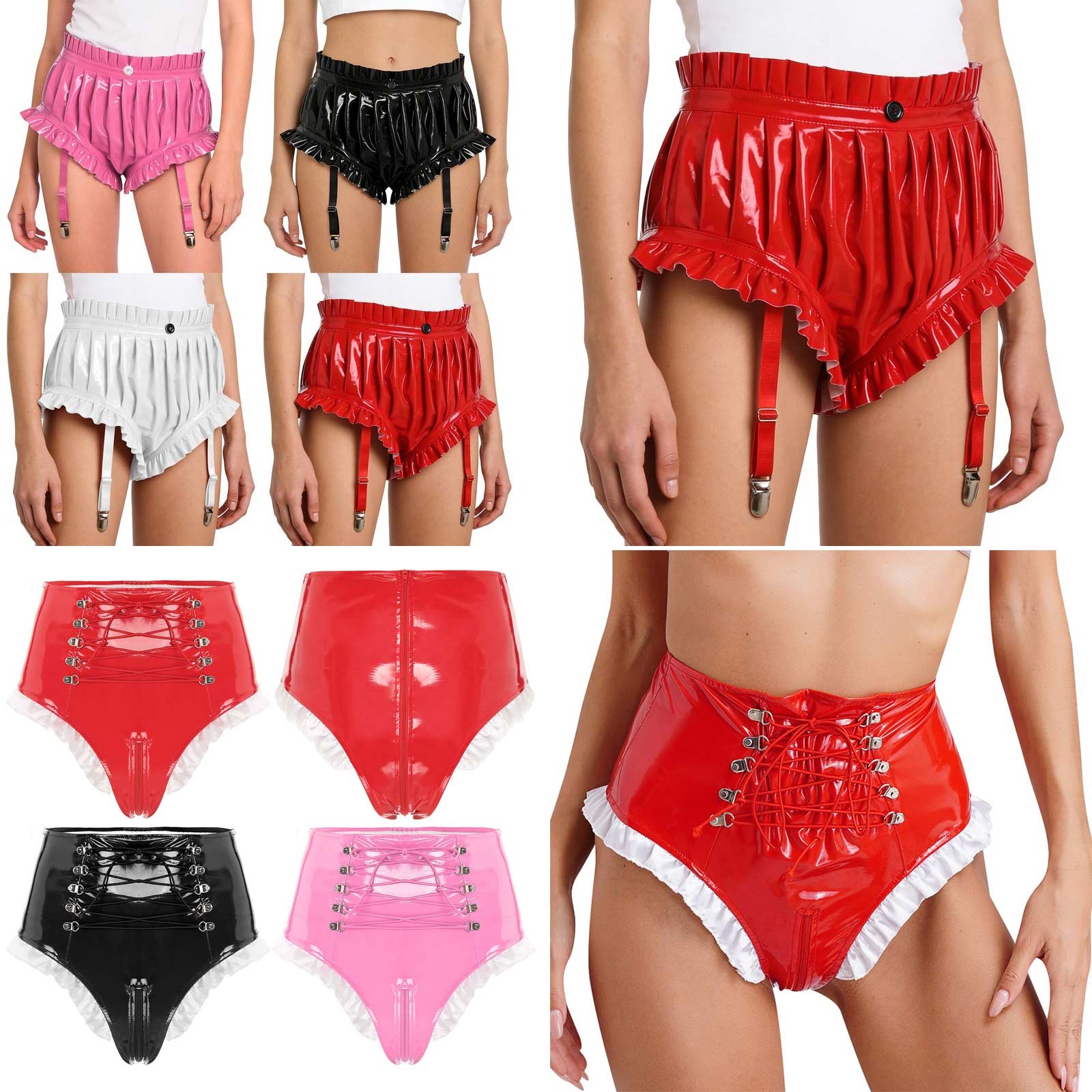 Womens Wet Look PU Leather Briefs Underwear Ruffled Trim Ruched Bloomer Shorts