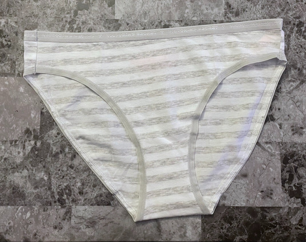 NWT VICTORIA’S SECRET SMALL GRAY WHITE STRIPE LOGO WAISTBAND RARE BIKINI PANTIES