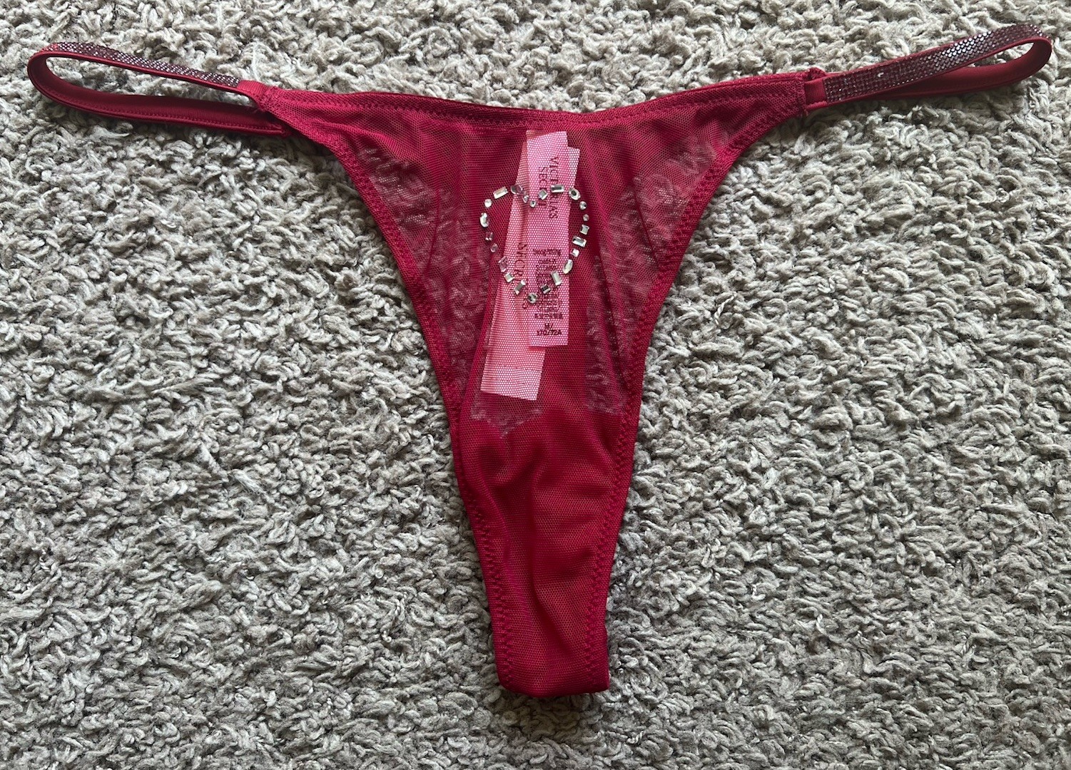NWT Victoria’s Secret Very Sexy Red Mesh Thong Panty Shine Straps Heart Size M