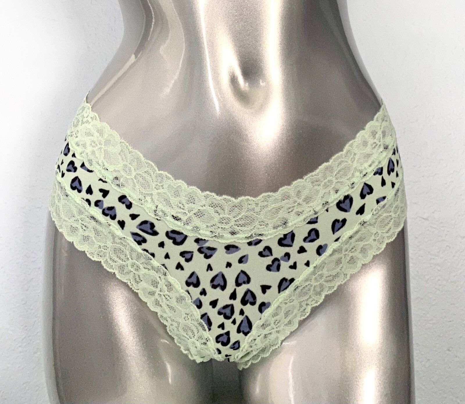 Victoria’s Secret Cheeky Panty Green Animal Hearts Cotton Blend Lace Sexy M L XL