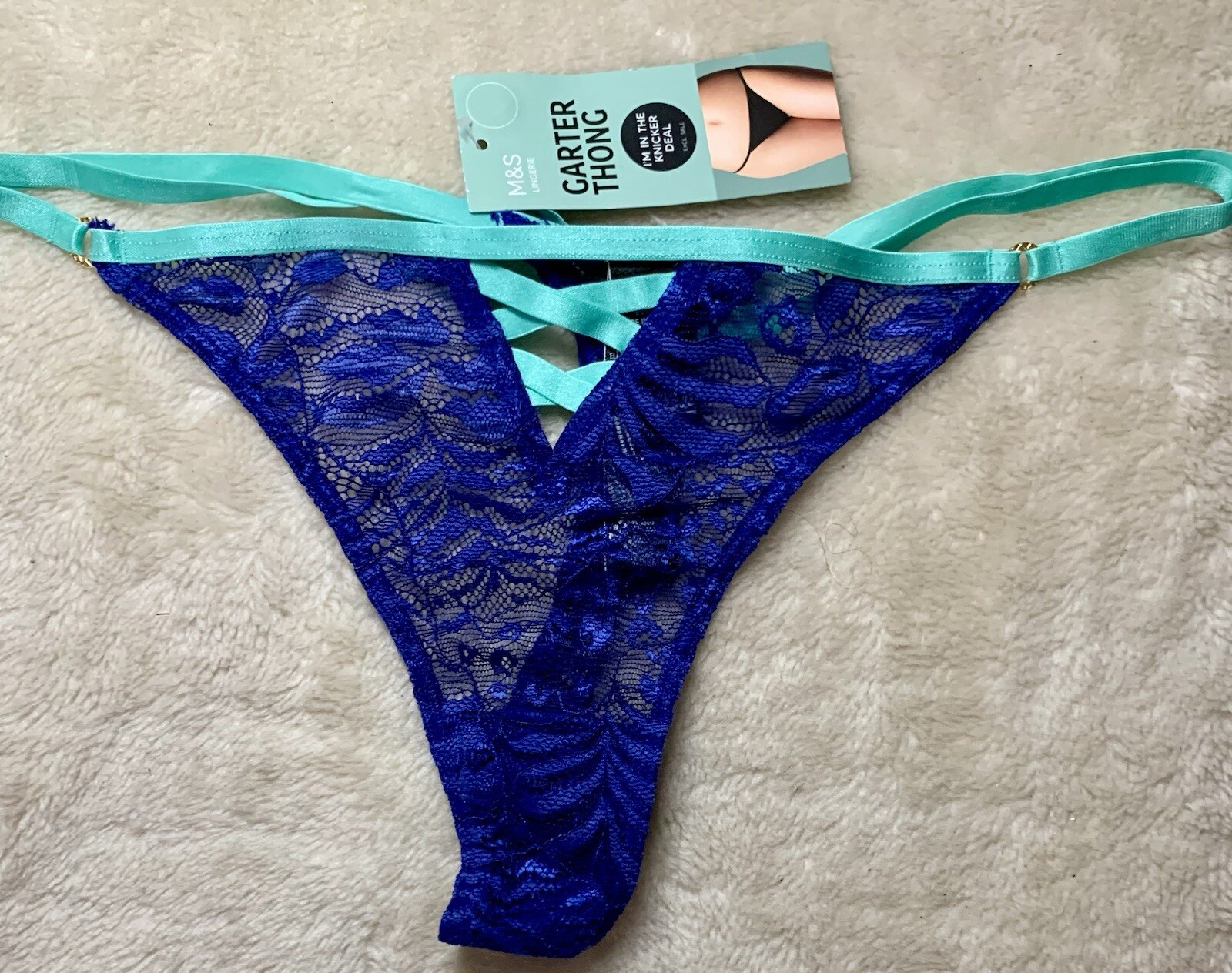 BNWT M&S Garter Thong in Indigo Mix Lace UK 10