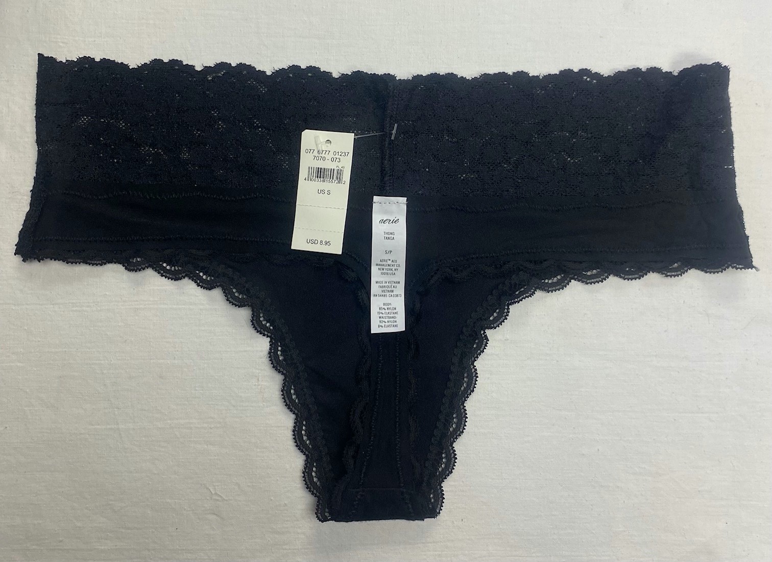 Aerie Lace Trimmed Microfiber Thong with Bow Accent — SMALL