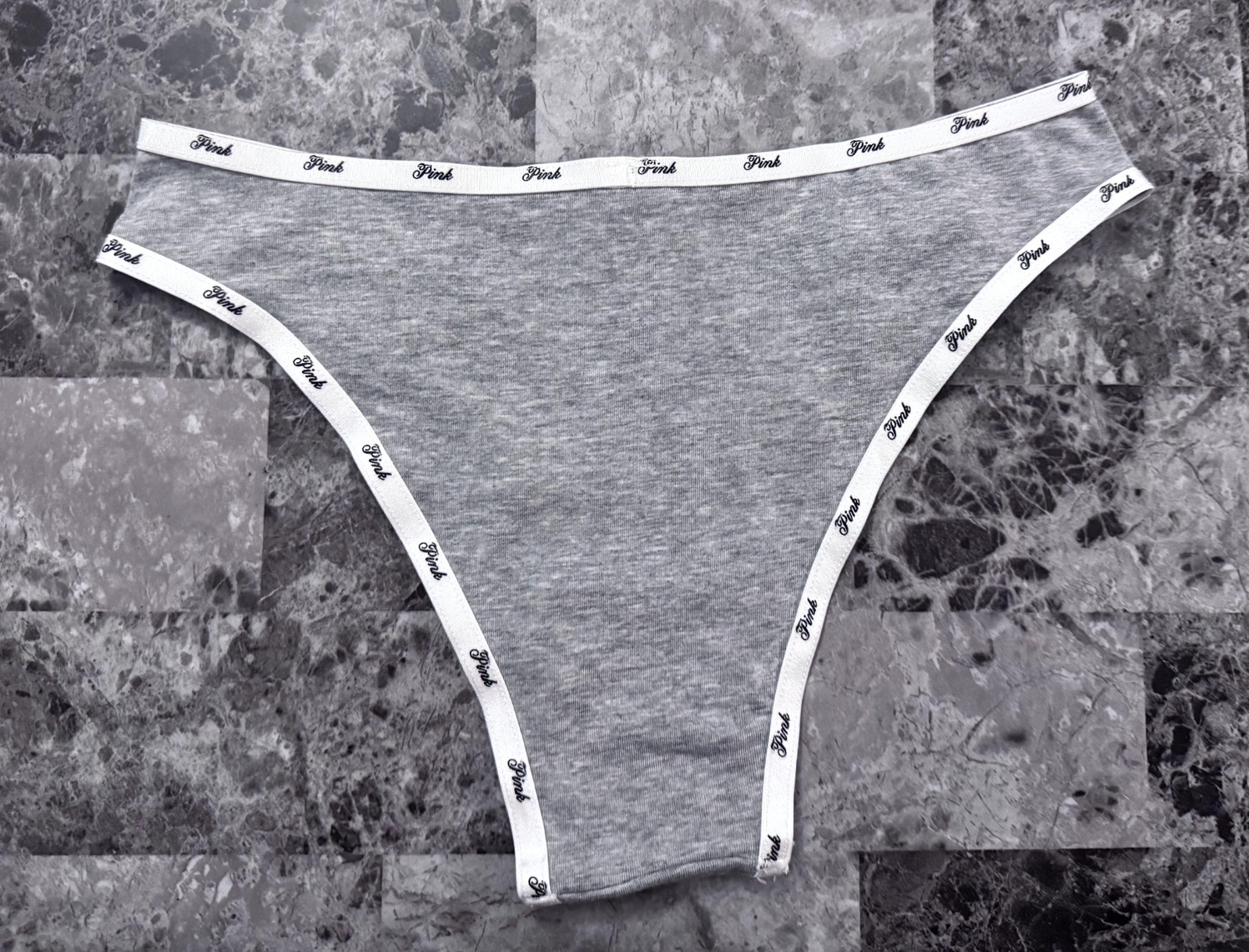 NWT VICTORIA’S SECRET PINK GRAY WHITE BLACK LOGO STRAPPY CUTOUT CHEEKY PANTIES