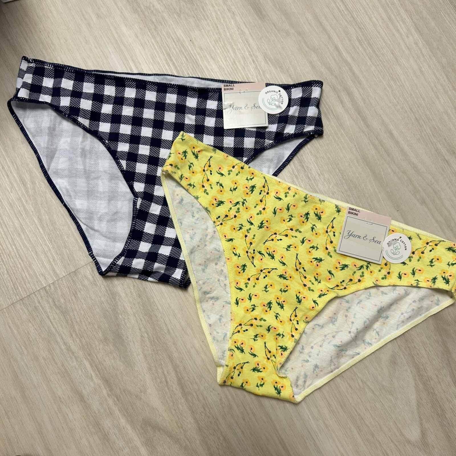 Yarn & Sea Blue Check Yellow Floral Bikini Panty Womens Small NWT