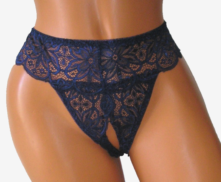 Panties Lingerie Dark Blue Lace Crotchless, Large Adult Gift