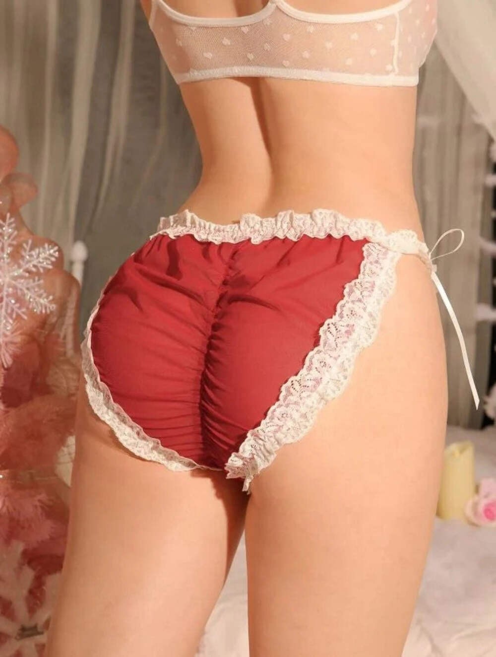 Semi-Sheer panties tanga knickers Red frilly lace trim satin bows size XL/16-18