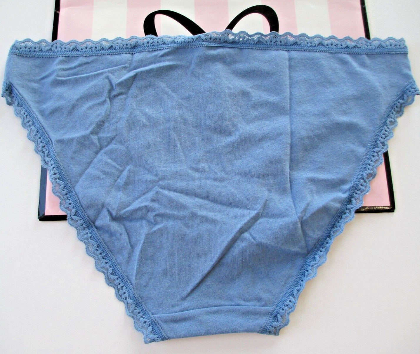 VICTORIA’S SECRET Cotton Bikini Panty S SMALL Faded Denim Blue NWT Lace Trim VS