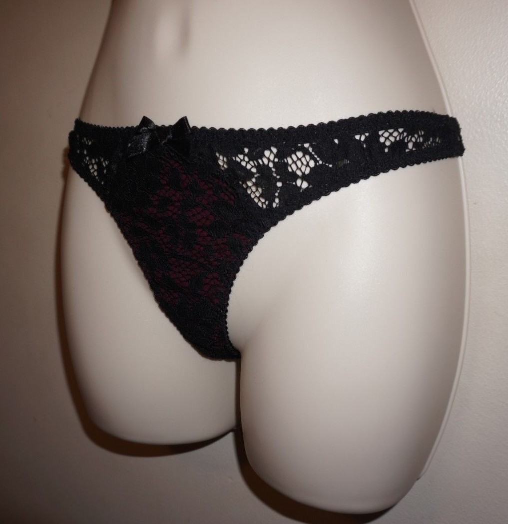 Agent Provocateur Nicolle thong black lace with dark cherry satin size 2 S NWT