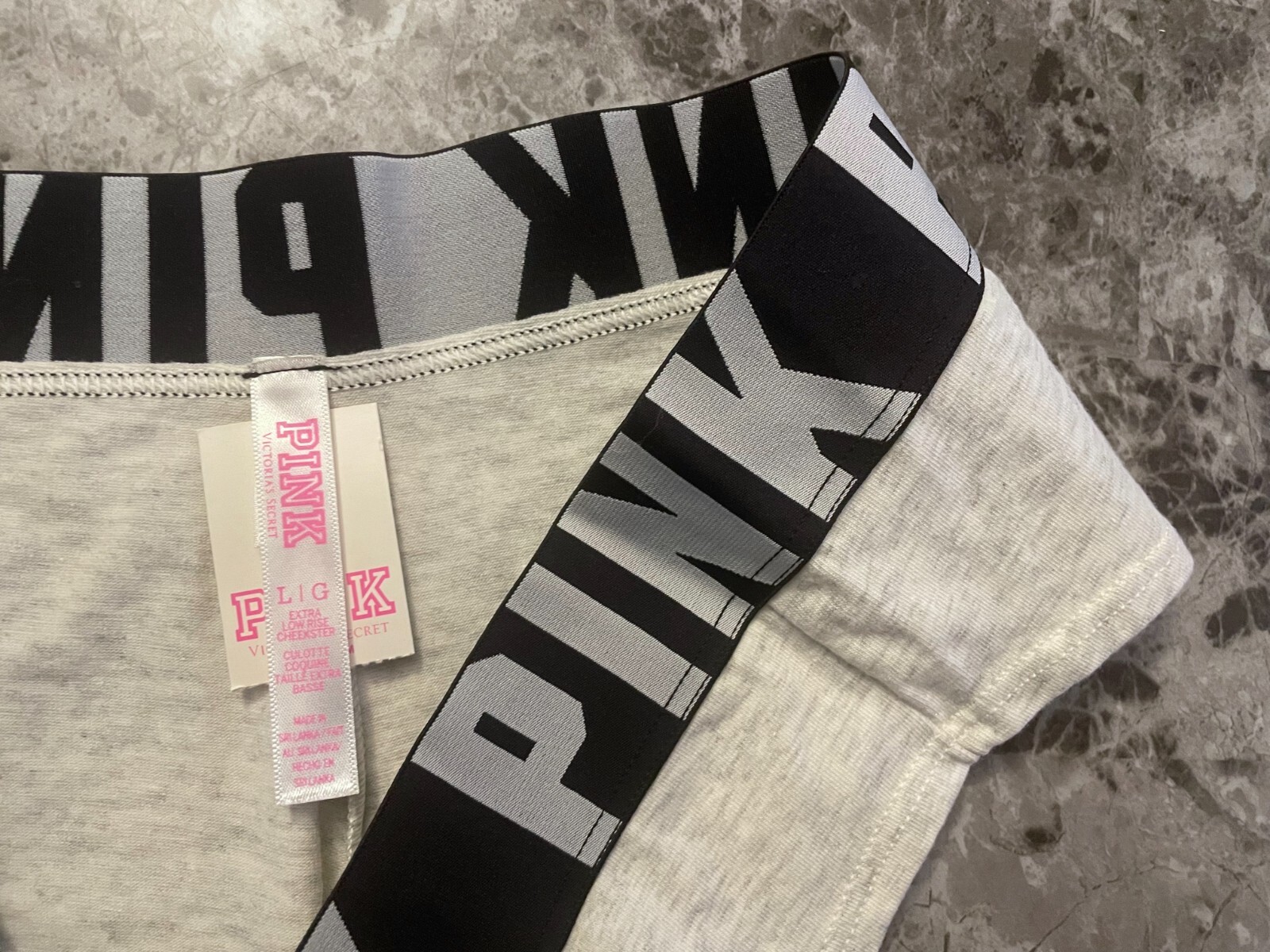 NWT VICTORIA’S SECRET PINK L LIGHT GRAY THICK LOGO BAND RARE CHEEKSTER PANTIES