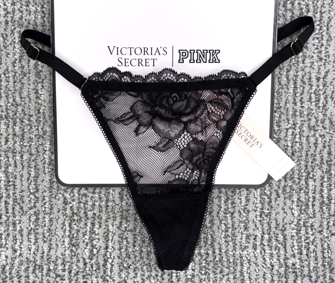 Victoria’s Secret Very Sexy NWT Small Black Rose Lace Adjustable V String Panty
