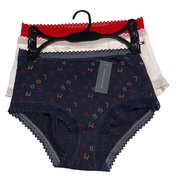 New Tommy Hilfiger Brief Panties 3-Pack Red White Blue Women’s Cotton Lace Small