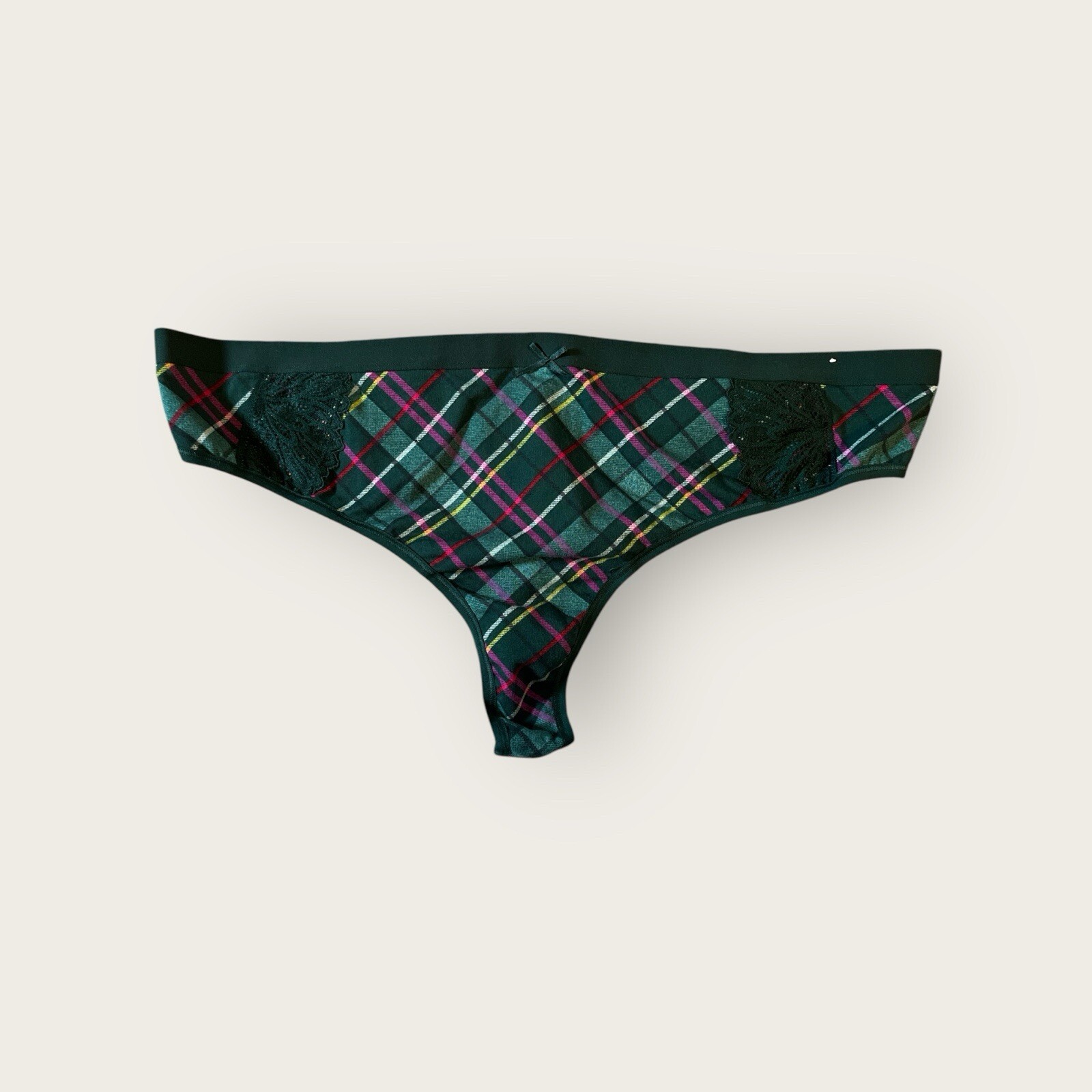 Lane Bryant Cacique Cotton Wide Side Thong 18/20 Panty w/ Lace Green Plaid (385)