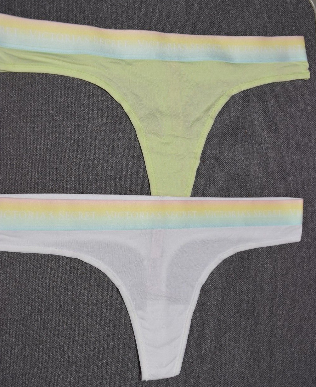 2 New Victoria’s Secret White Green Logo Thong Panty Lot M Multicolor Waistband