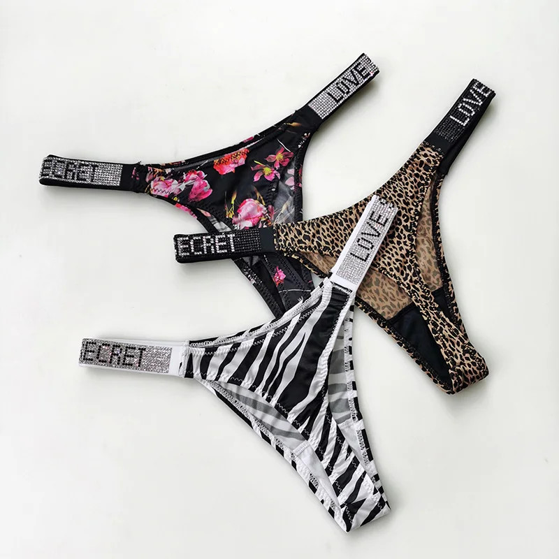 Low Waist Sexy Women Thongs Panties Rhinestones letter Diamonds G String Sports