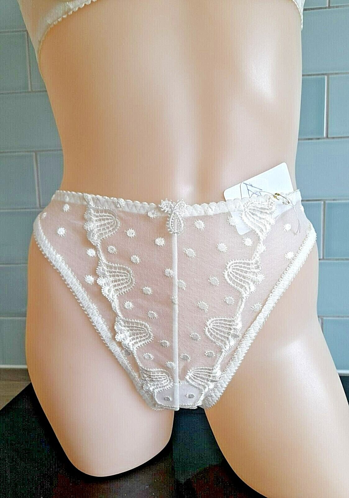 Barbara Cream Tulle and Embroidered Spotted and Wave High Leg High Rise Thong