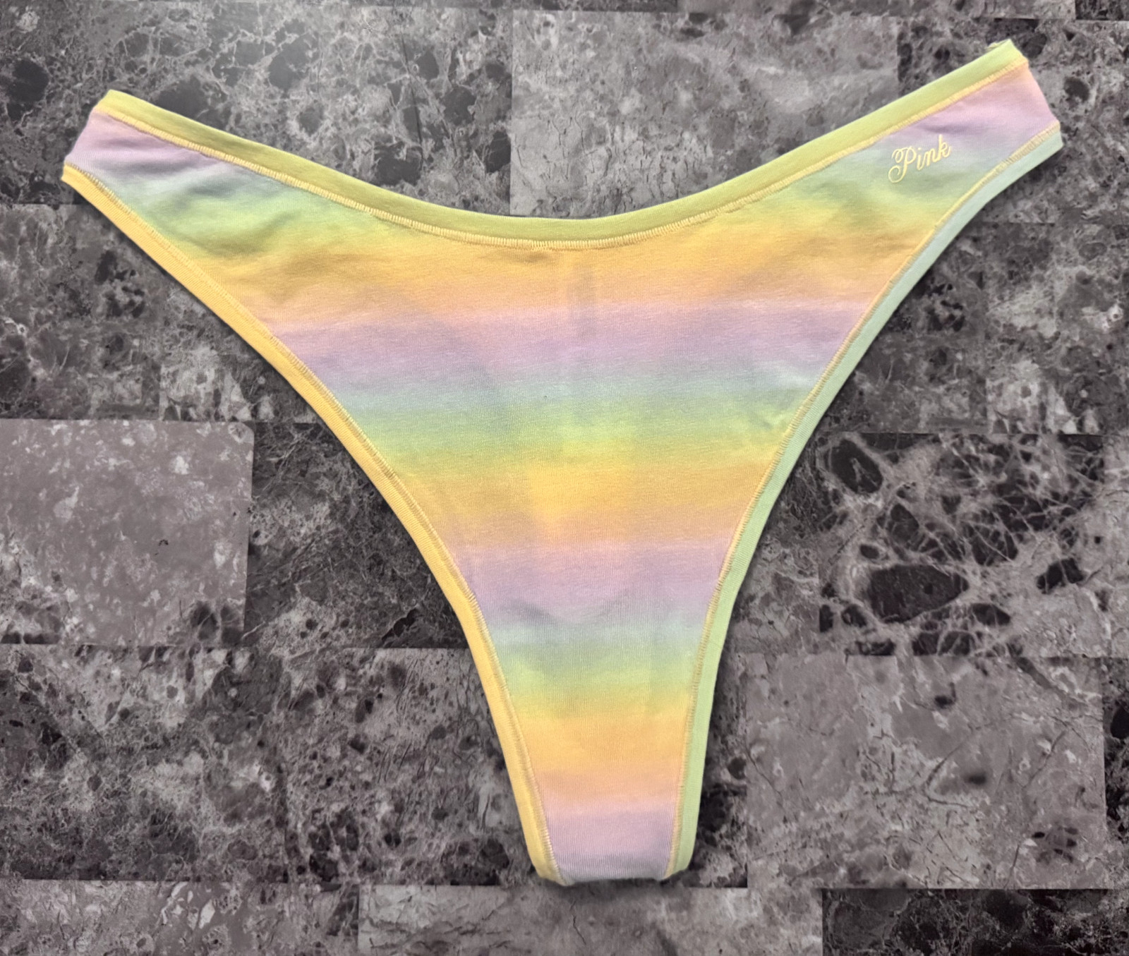 VICTORIA’S SECRET PINK ORANGE BLUE OMBRE GRADIENT STRIPE HIGH LEG THONG PANTIES
