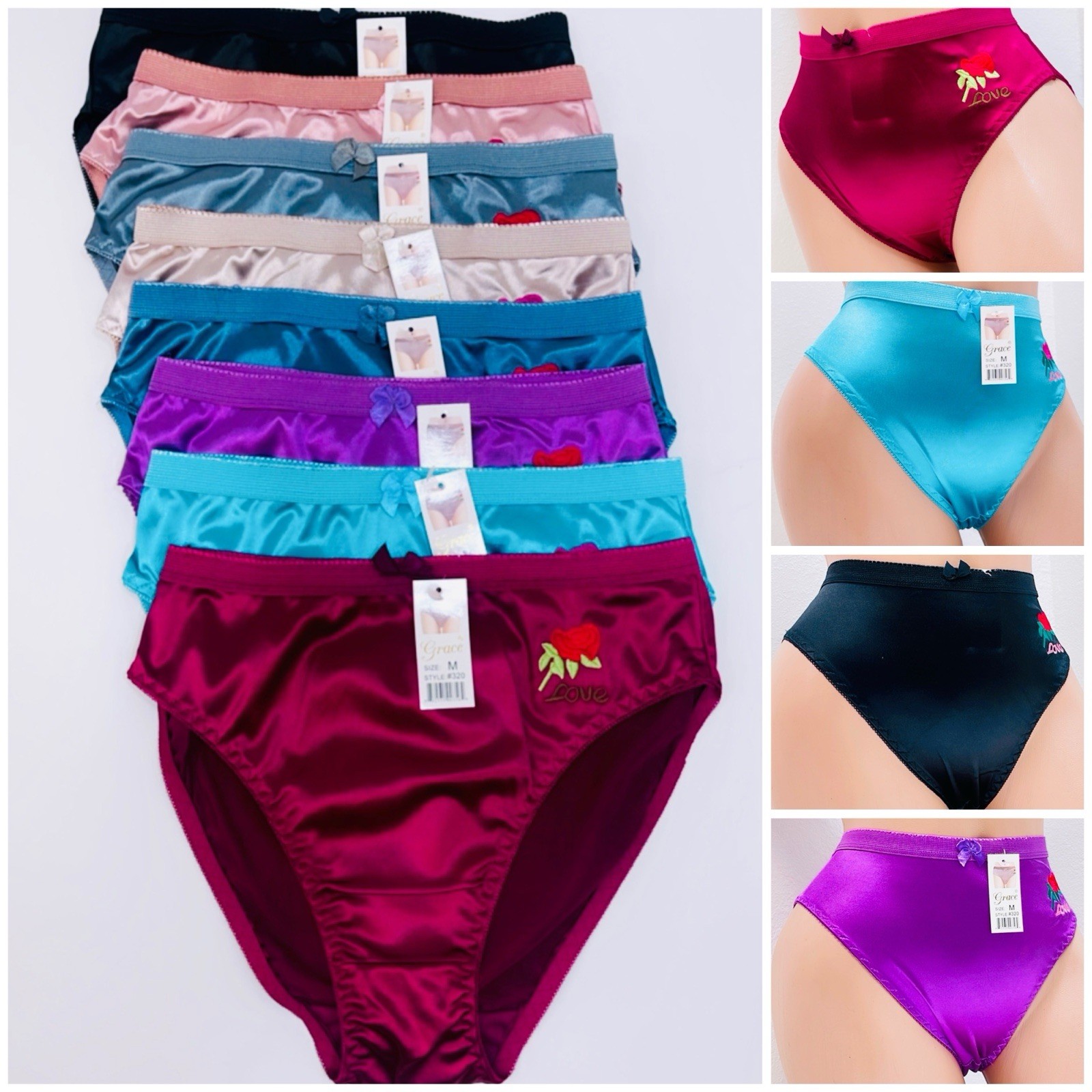 6 PRETTY SATIN BIKINIS Style PANTIES Women Underwear #3120 Briefs Love Rose Sz L