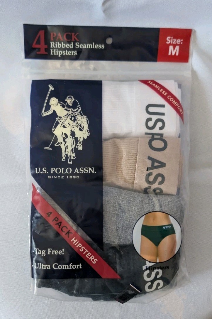 U.S. Polo Assn. 4 Pack Ribbed Seamless Hipsters Size M White Tan Gray Black