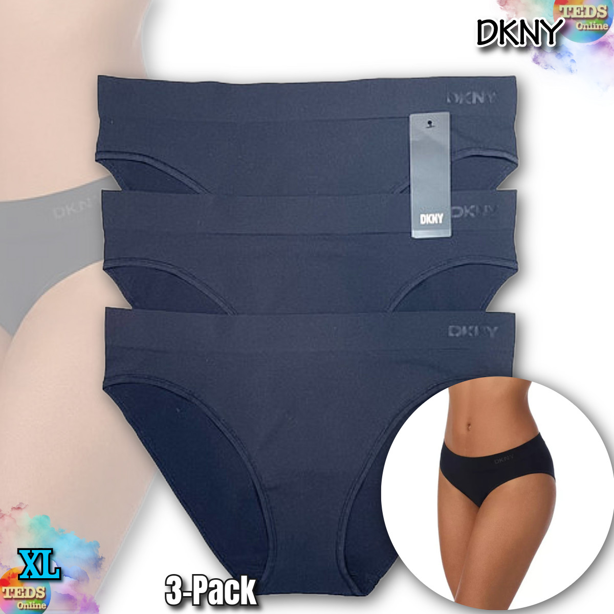NWT DKNY Women’s XL Seamless Litewear Bikini Underwear 3 Pack DK5017NP3 Black