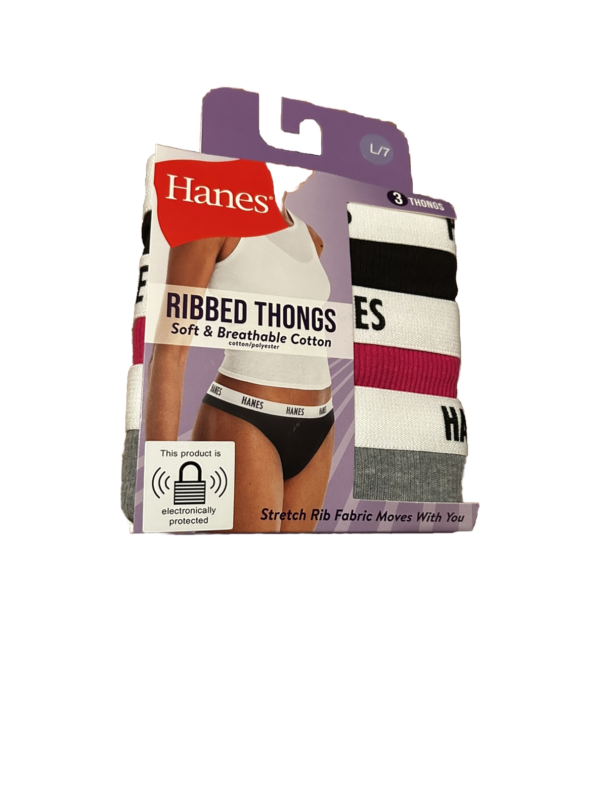7/L Hanes Women’s Ribbed Cotton Thong 3-Pack, Pink, Black, Gray Stretch 40-41”