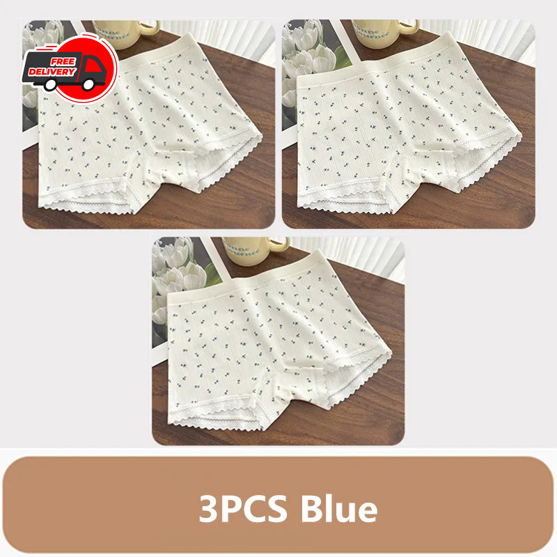 3PCS Women Thin Lace Boxer Underwear Mid Waist Breathable Comfortable Panties Se