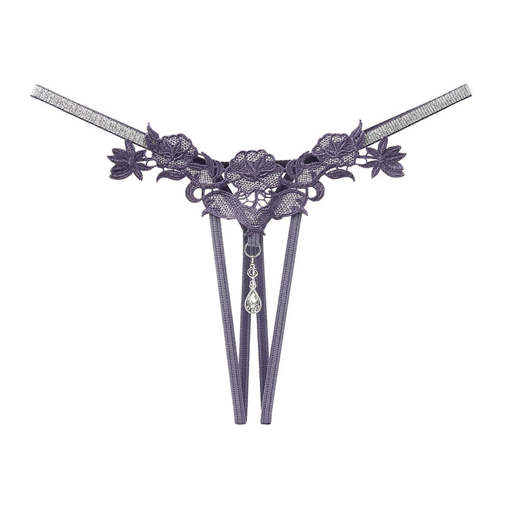 Wine Red Rhinestone Lace Thong Panties with Hollow Embroidery for Women