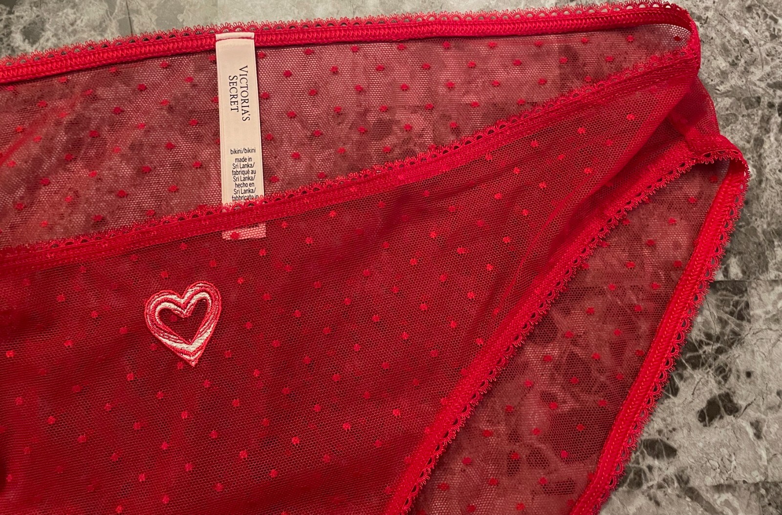 NWOT VICTORIA’S SECRET RED POLKA DOTTED MESH EMBROIDERED HEART BIKINI PANTIES