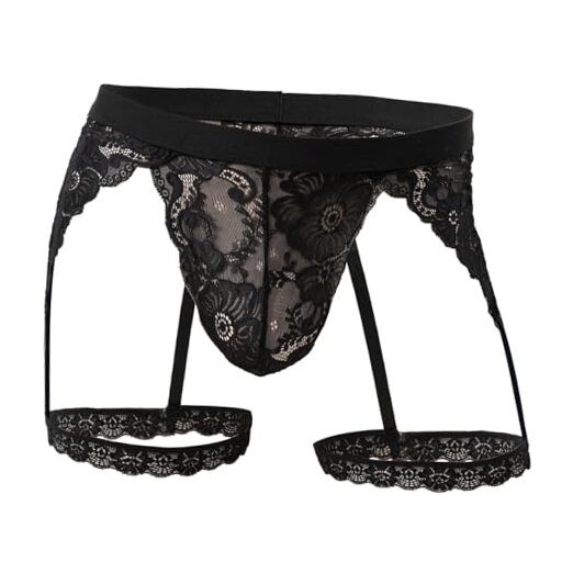 Mens Sissy Thongs Underwear Sexy Lace Panties Boxer Briefs Sheer Medium Black