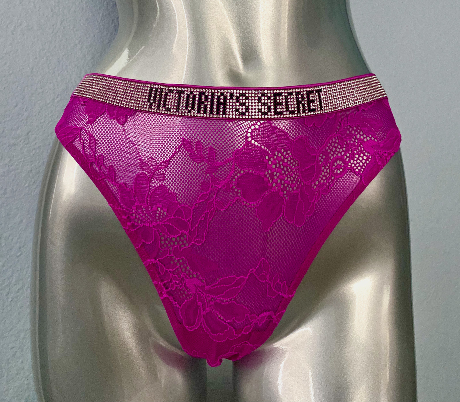 Victoria’s Secret Thong Panty Very Sexy Very Fuchsia Lace Shine Logo M L XL 2XL
