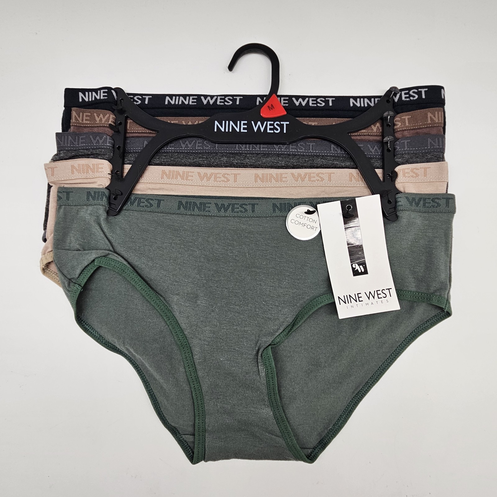 NINE WEST 5 Pack Women’s Large Cotton Logo Panties Black Brown Gray Beige Green