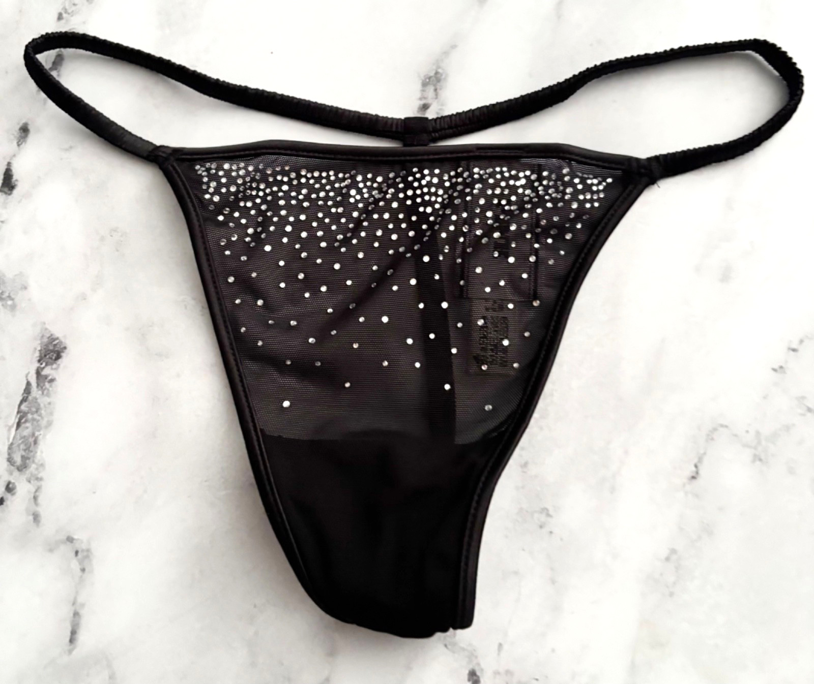 PINK Victoria’s Secret V String Panty Black Diamante Shine Bling