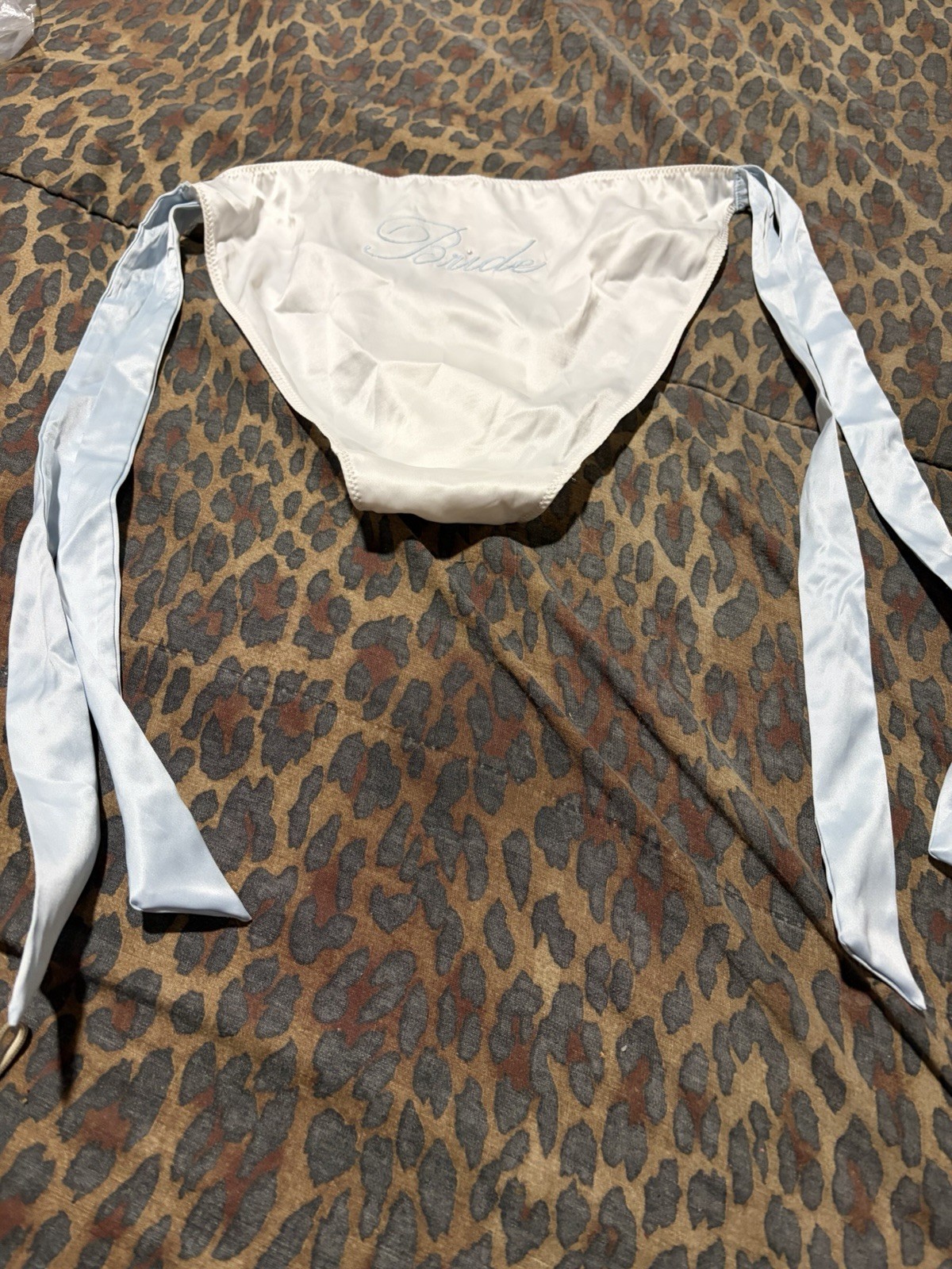 Victoria Secret Tease White Satin embroidery “BRIDE” Blue Side Ties Cheeky NWT M