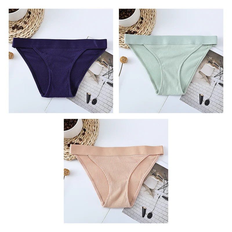 Mid Rise Brief Panties Striped Stretch Comfortable Breathable Underwear 3PCS