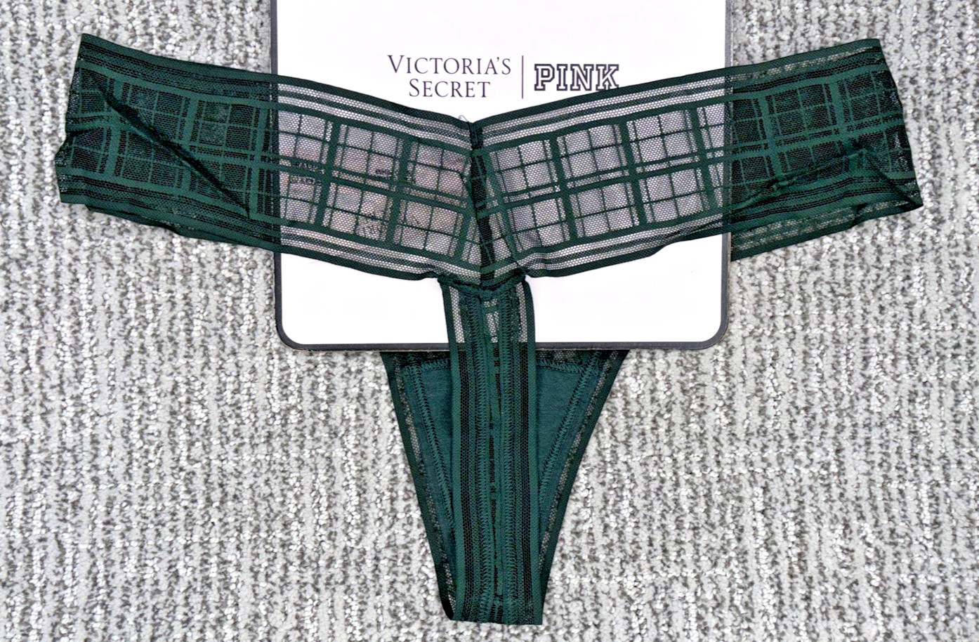 Victoria’s Secret NWT Large Green Plaid Lace Sexy Sheer Thong Panty Bow Lacie