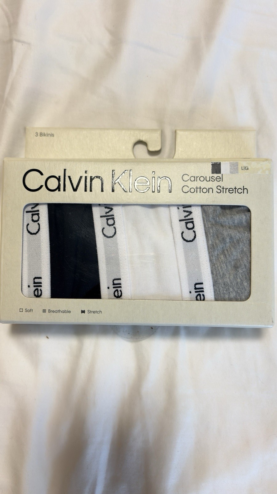 Calvin Klein Carousel Cotton Stretch Bikinis 3-Pack Size L Black White Gray NWT