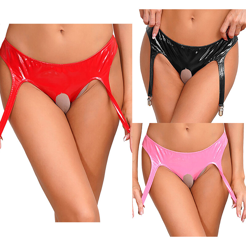 Womens Briefs Open Crotch Underwear Patent Leather Thong Halloween Clubwear