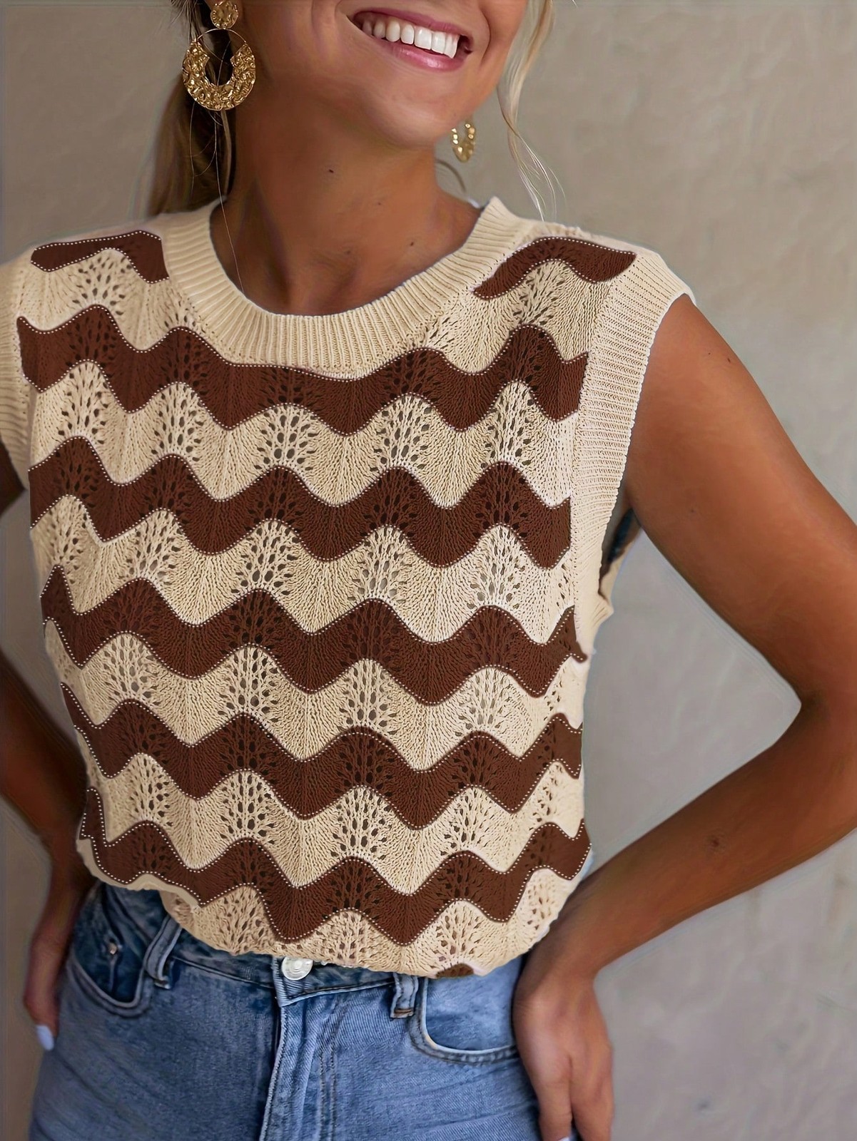 Colour Block Striped Mesh Jumper Plus Size Ladies Cheap24