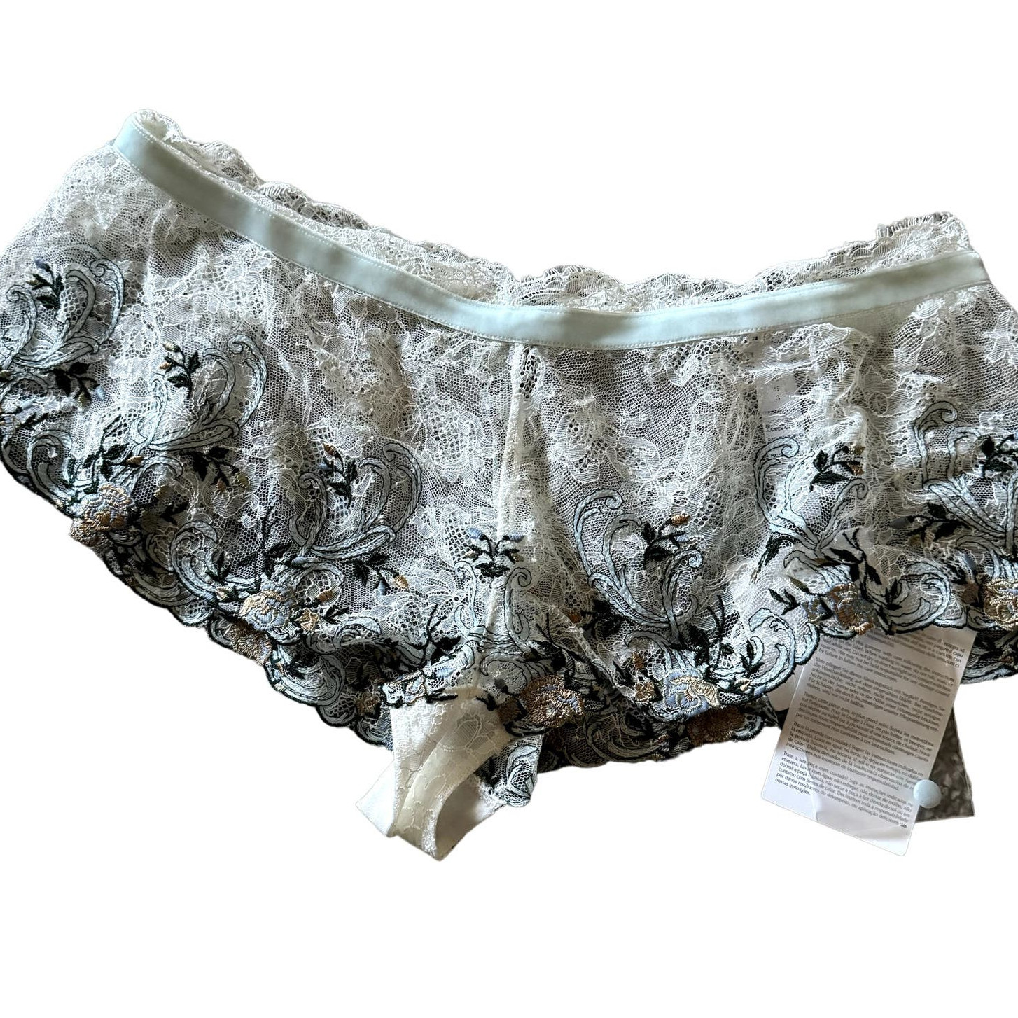 La Perla White Lace Blue Gold Floral Cheeky Boyshort Panty Medium MSRP 535