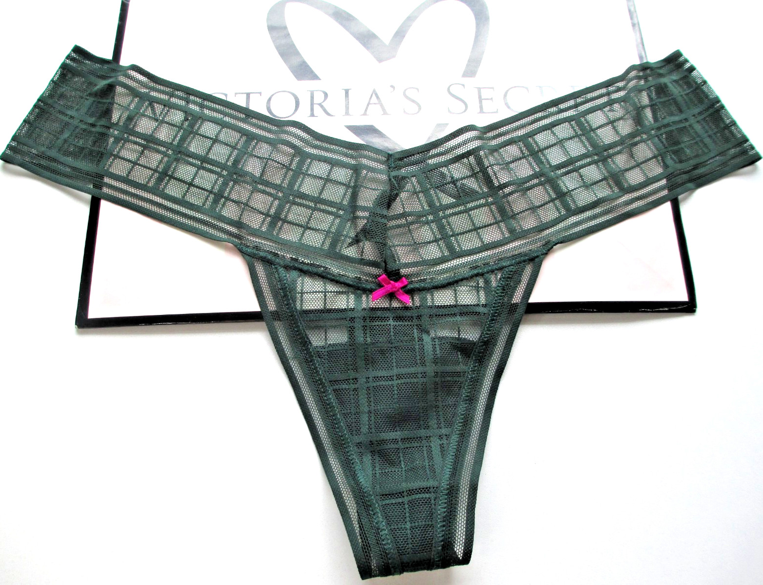 VICTORIA’S SECRET High Leg Thong Panty S M L Green NWOT Plaid VS Lace