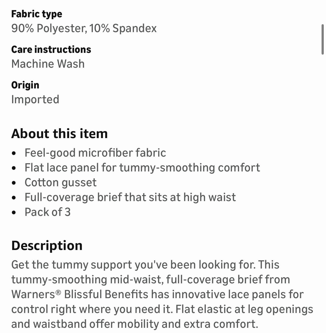 Warners Blissful Benefits Tummy-Smoothing Comfort Microfiber Brief 3 Pack XXL
